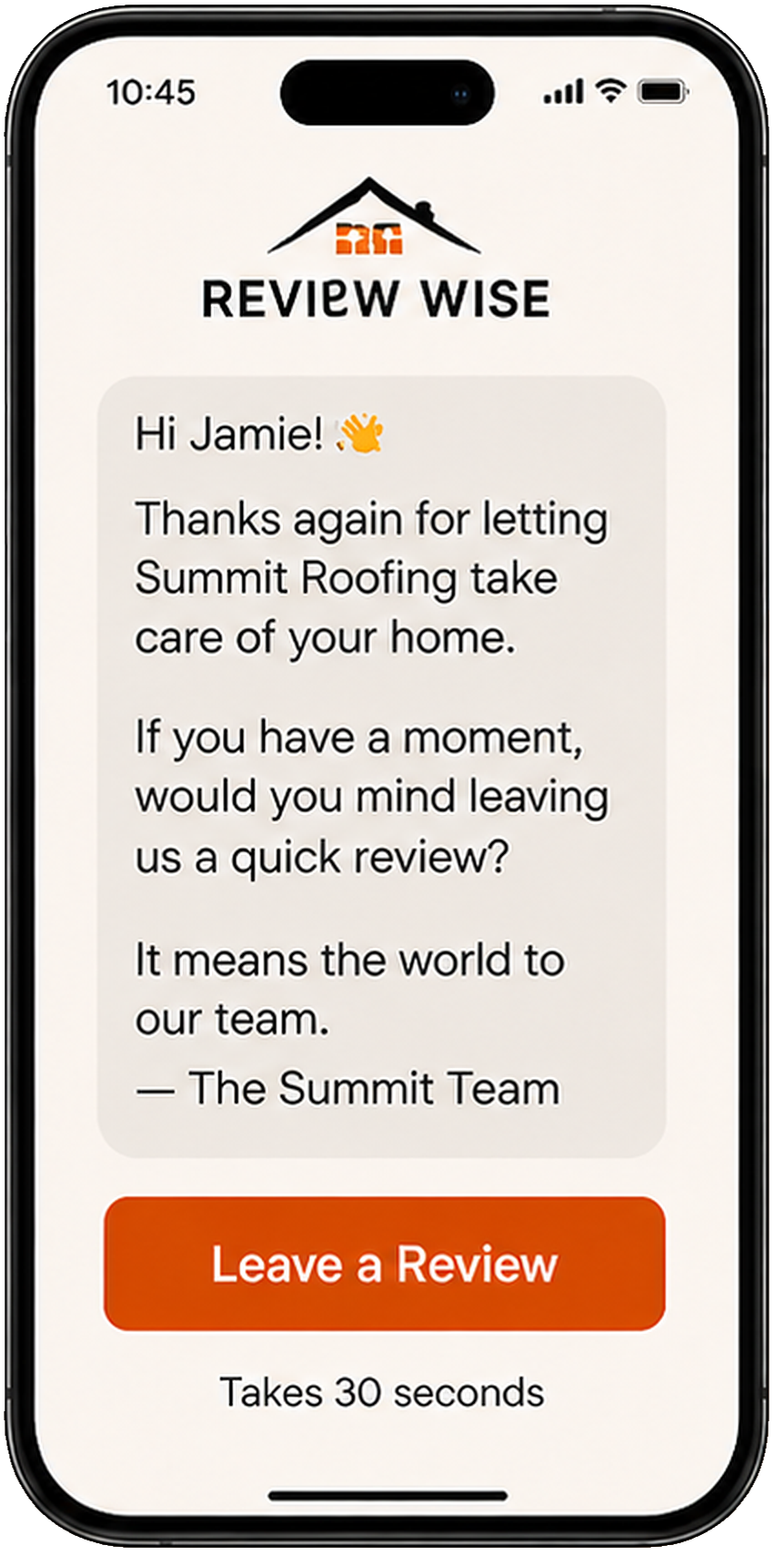 A Review Wise text message asking a customer to leave a review